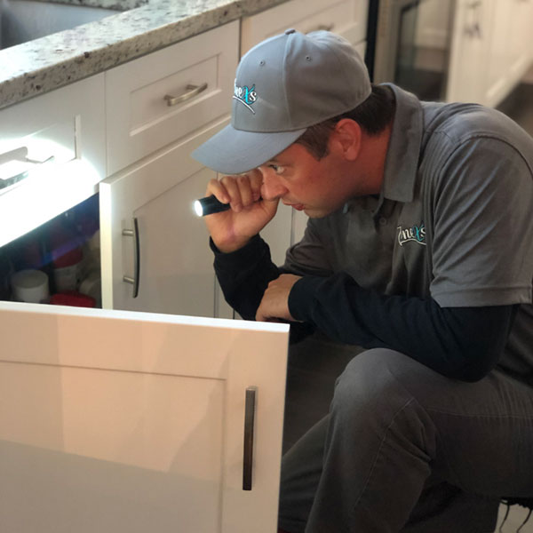 zonex inspector examining under a sink with a flashlight