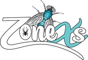 Logo of Zonexs Pest Control, one of the best and most reliable pest control companies in the Central Florida area. The logo is of a Fly with a blue body, big eyes, and wings. In curvy fancy letters there is the name: Zonexs Pest Control. The o in Zonexs Pest Control has a symbol of a spider in the middle.